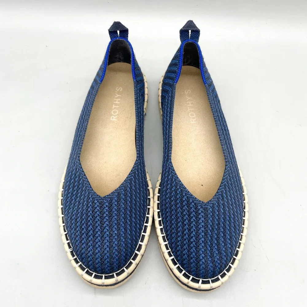 Rothys Womens 7.5 The Espadrille Flats Navy Stipe Knit Coastal Casual Nautical